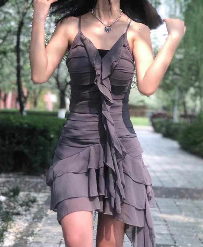 Goth Gray Bandage Ruffles Midi Dress - GimmeWarehouse