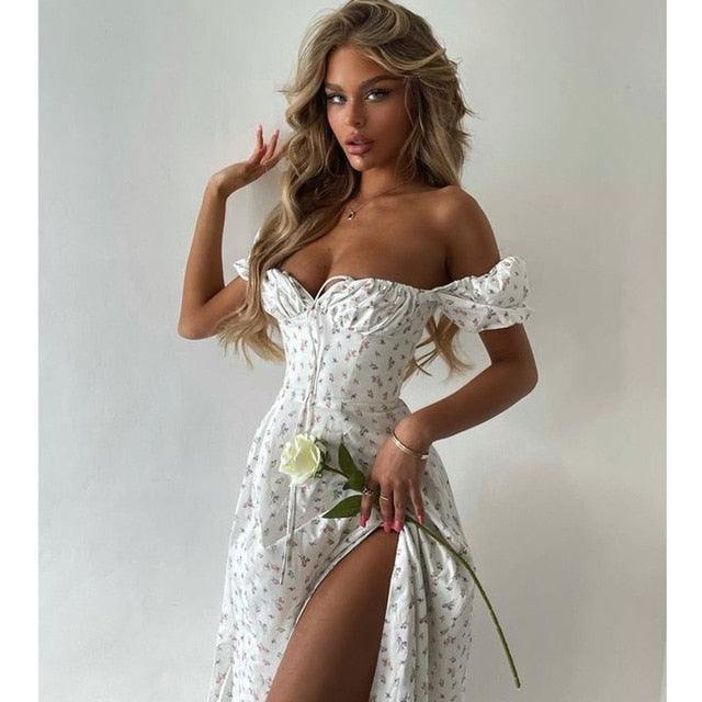 Women's Short Puff Sleeve Floral Maxi Sundress - Gimme That