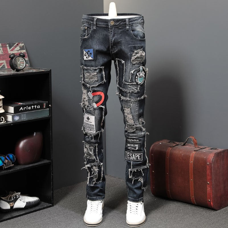 Men's Shredded Patch Embroidered Badge Jeans Gimme that