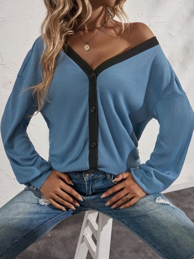 Waffle Button Shirts Female FashionTops - GimmeWarehouse