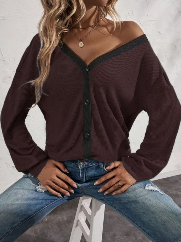 Waffle Button Shirts Female FashionTops - GimmeWarehouse