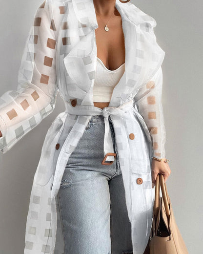 Women Fashion See Through Outdoor Tops Lace Up Spring Solid Sheer Mesh Long Sleeve Buttoned Coat With Belt Elegant Shirts Gimme that