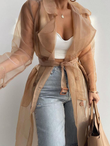 Women Fashion See Through Outdoor Tops Lace Up Spring Solid Sheer Mesh Long Sleeve Buttoned Coat With Belt Elegant Shirts Gimme that