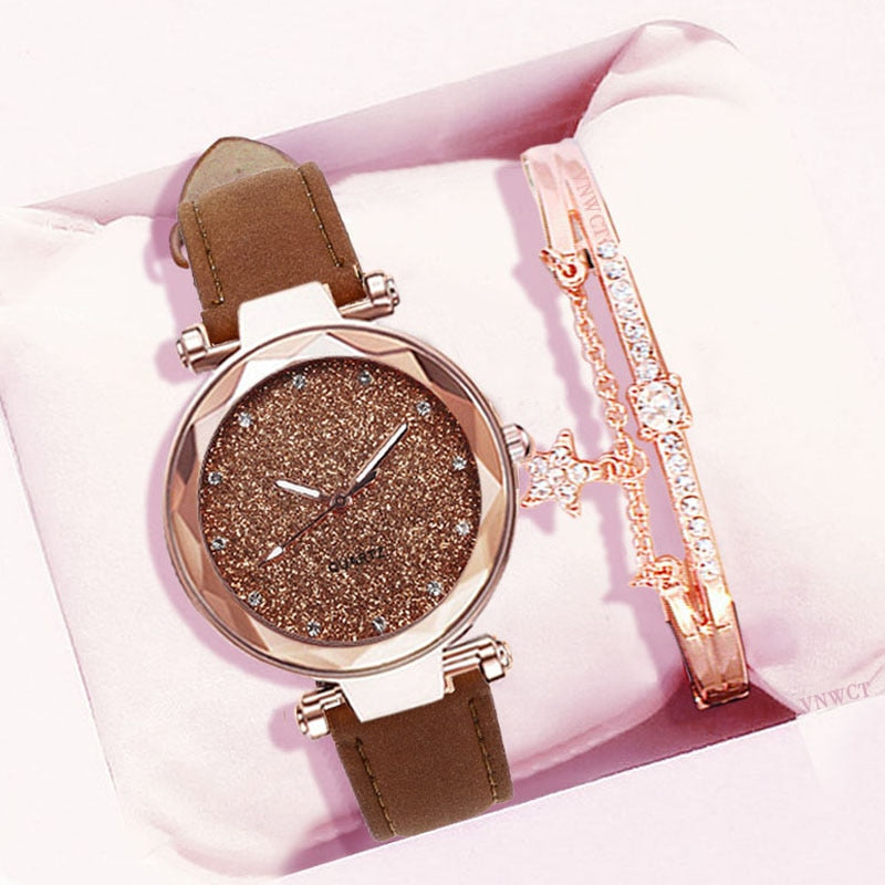 Women Romantic Sky Wrist Bracelet Leather Rhinestone - GimmeWarehouse